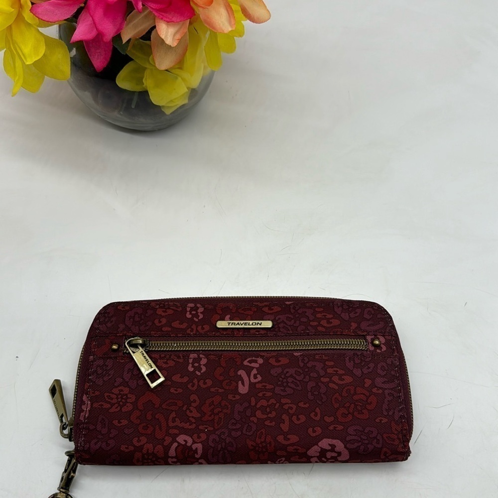 Travelon Dark Red Wine Colored Floral Nylon Printed Travel Wallet